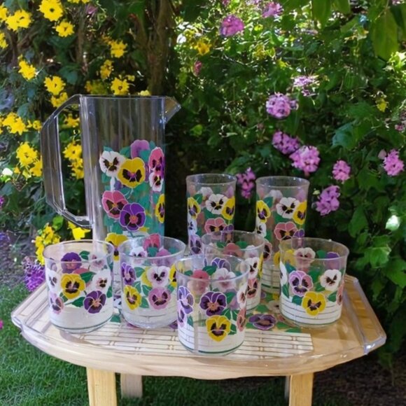 VINTAGE RETRO Culver Acrylic Garden Pansy Beverage Set 9pcs with pitcher & tray - Picture 1 of 9